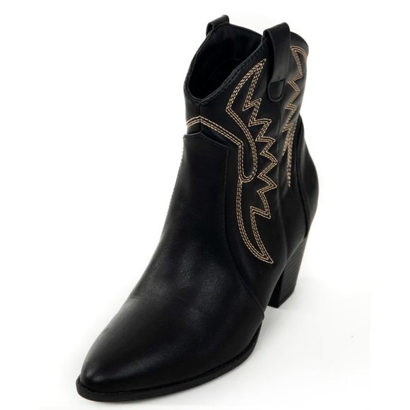 NEW Black Pointy Toe Block Heel Western Stitch Embroidery PU Leather Ankle Boots - Picture 7 of 10